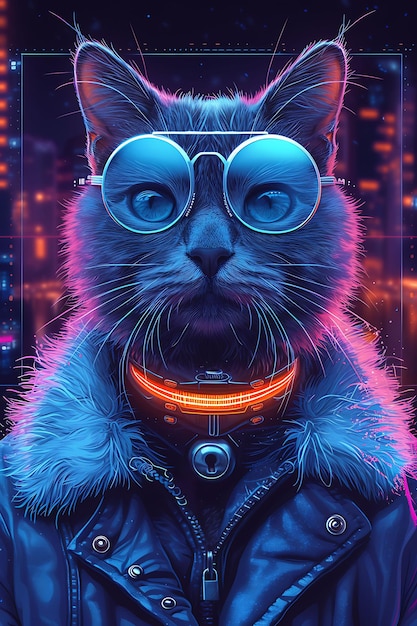 Retrato de un gato azul ruso con un abrigo de piel holográfico y un cartel de Cyberpunk G Cyber