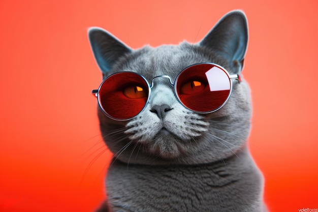 Retrato de un gato azul ruso con gafas de sol con fondo naranja