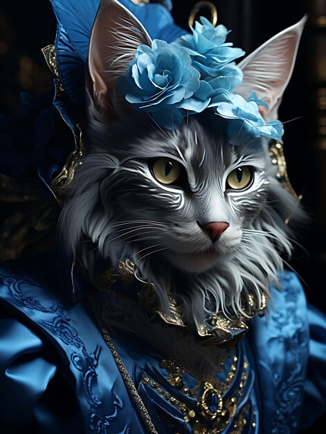 Foto retrato de un gato azul ruso con una máscara veneciana para el carnaval posin pet festive costume photo