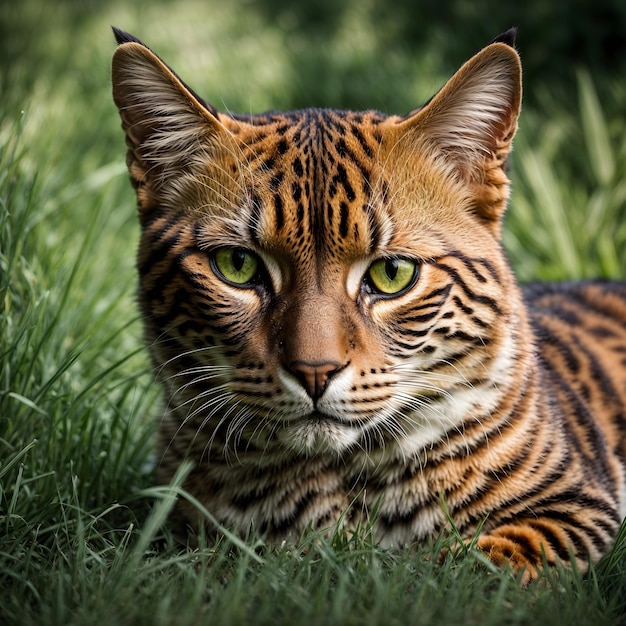 Retrato de gato de Bengala sobre la hierba verde