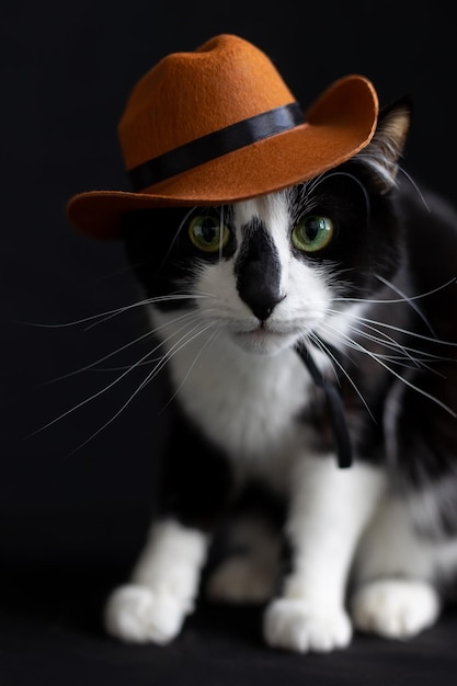 Retrato de un gato blanco y negro con un sombrero naranja sobre un fondo negro