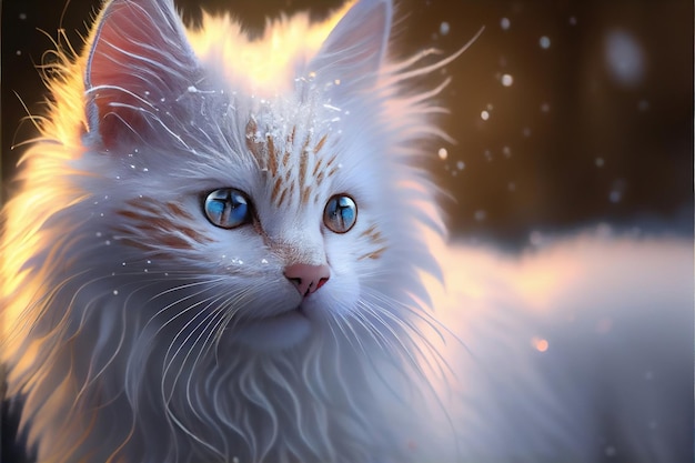 Retrato de gato blanco bajo la nieve sobre fondo oscuro hecho con IA generativa