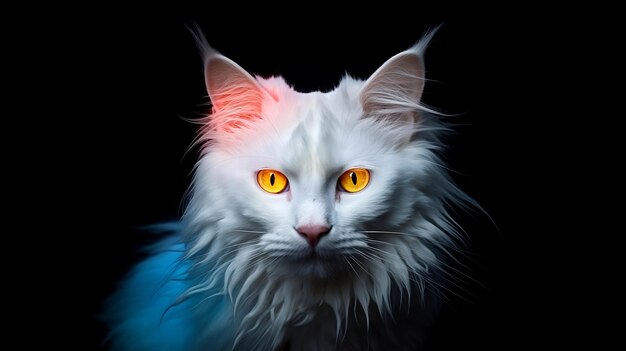 Retrato de un gato blanco con ojos amarillos brillantes sobre un fondo negro IA generativa