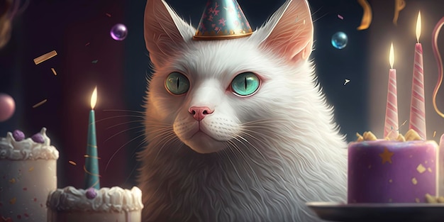 Retrato de un gato blanco en su fiesta de cumpleaños con gorro de fiesta y tiene un pastel salvaje con velas con un gorro de fiesta globos y confeti