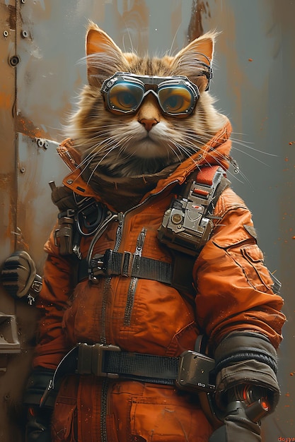 Retrato de un gato del bosque noruego con una pata cibernética y un volante de cartel cibernético robusto