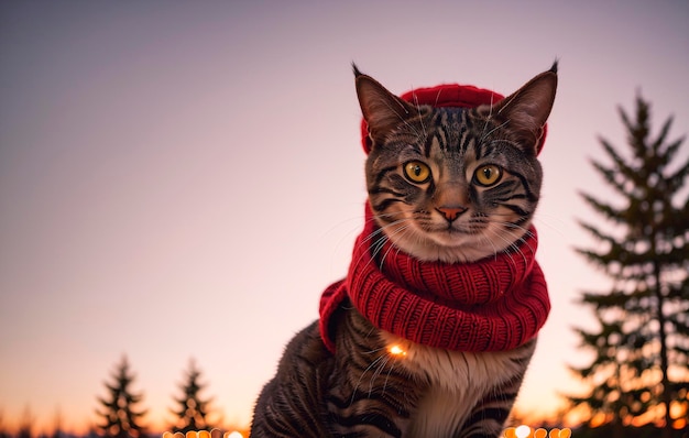 Retrato de un gato con una bufanda de punto roja en el fondo del bosque de invierno