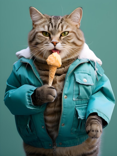 Retrato de un gato en una chaqueta con helado en un fondo verde