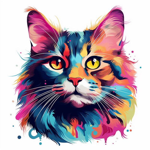 retrato de gato de colores brillantes con ojos amarillos brillantes y orejas rosadas brillantes ai generativo