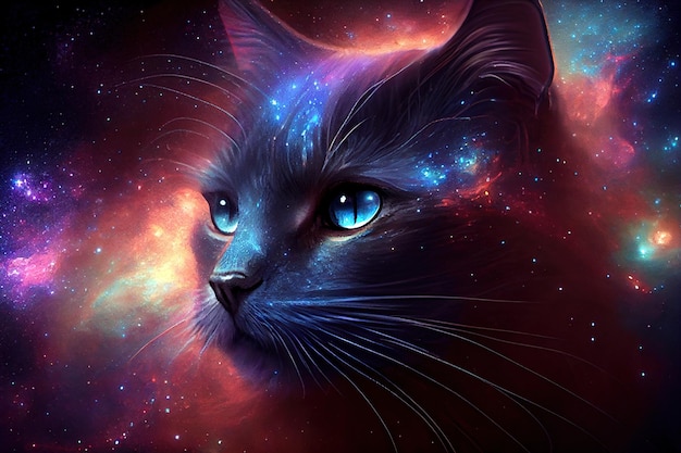 Retrato de un gato contra el fondo del espacio y las estrellas doble exposición 3d ilustración IA generativa