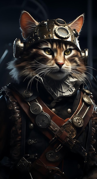 Retrato de un gato curioso juguete pirata inventor traje gafas herramienta B diseño de moda arte de vestuario