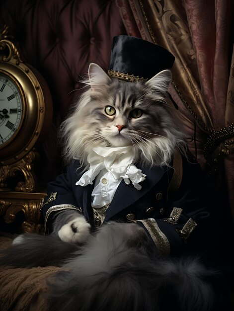 Retrato del gato Dapper Pirata británico de pelo largo Vestido de caballero Diseño de vestuario de moda superior Arte de vestuarios