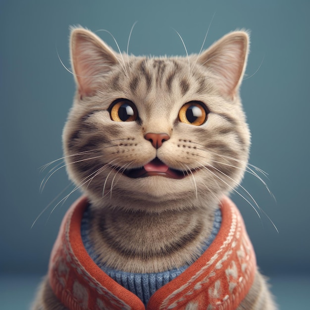 Retrato de gato de dibujos animados en 3D con ropa, gafas, sombrero, chaqueta, de pie delante