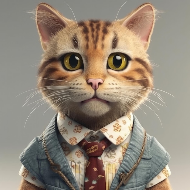 Retrato de gato de dibujos animados en 3D con ropa, gafas, sombrero, chaqueta, de pie delante