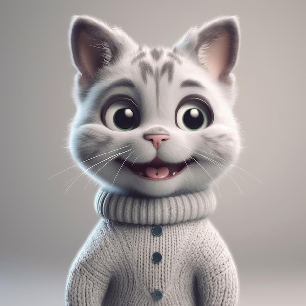 Retrato de gato de dibujos animados en 3D con ropa, gafas, sombrero, chaqueta, de pie delante