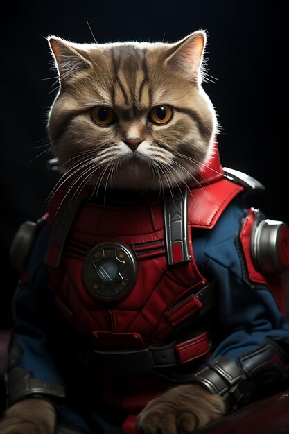 Retrato de un gato doblado escocés que se viste con un disfraz de superhéroe para un disfraz festivo de mascotas de cosplay Foto