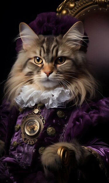 Foto retrato de un gato elegante, un pirata persa, un aristócrata, un disfraz de plumas, un diseño de moda, un arte del disfraz.