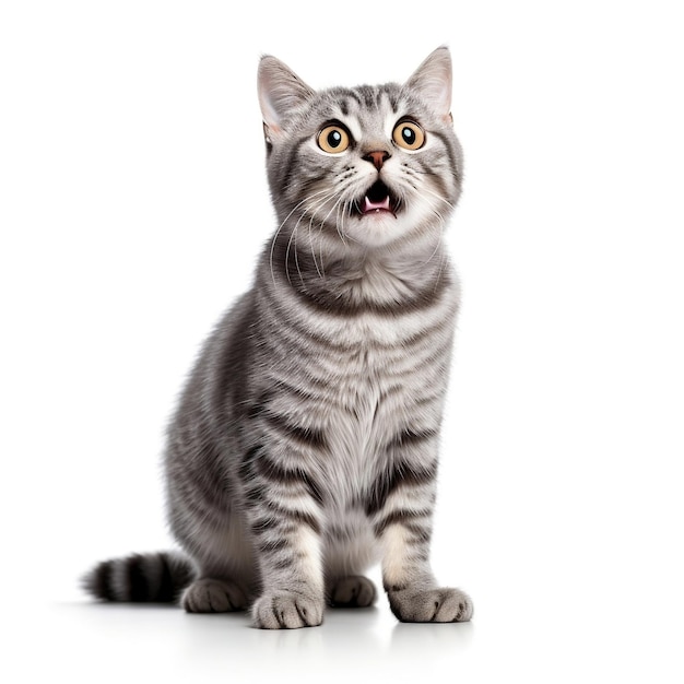 Foto retrato de un gato escocés de orejas rectas feliz primer plano de longitud completa aislado en un backgrou blanco