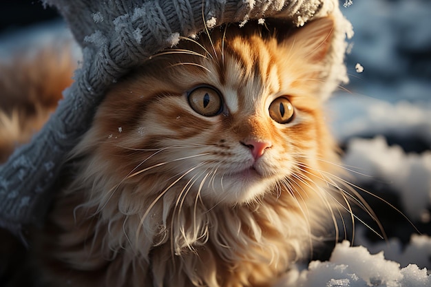 Retrato de gato esponjoso en sombrero de navidad