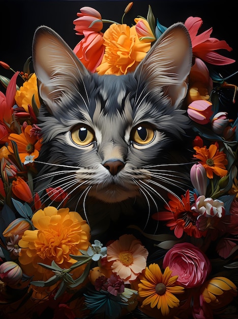 retrato de un gato con flores