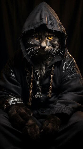 Foto retrato del gato furtivo bombay ninja máscara de pirata con capucha negra diseño de moda arte de vestuario