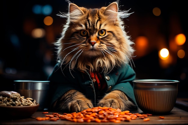 retrato de un gato gracioso y esponjoso con comida para gatos