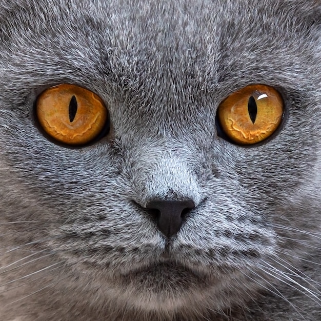 Retrato de gato gris scottish fold, de cerca. Concéntrese en los hermosos ojos de gato naranja.