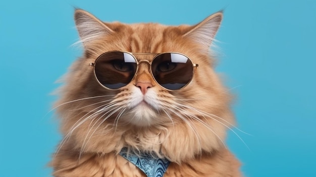 Retrato de gato jengibre con gafas de sol y pajarita sobre fondo azul.