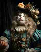 Foto retrato de un gato jovial ragdoll con un traje de bromista golpea a un personaje antropomórfico de cheerf