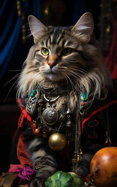 Foto retrato de un gato juguetón, una cola americana, un pirata, un bufón, un disfraz, un diseño de moda, un arte del disfraz.