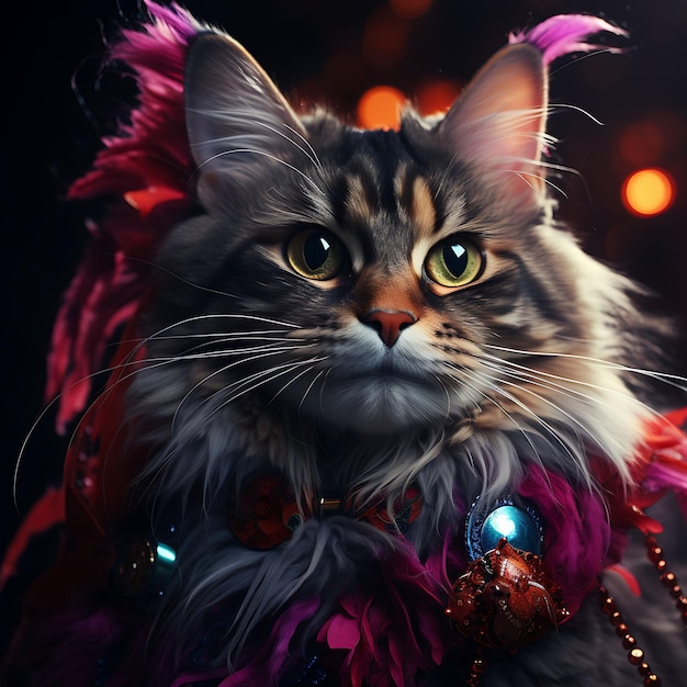 Retrato de un gato Maine Coon con una máscara de Mardi Gras y perlas de colores Traje festivo de mascotas Foto