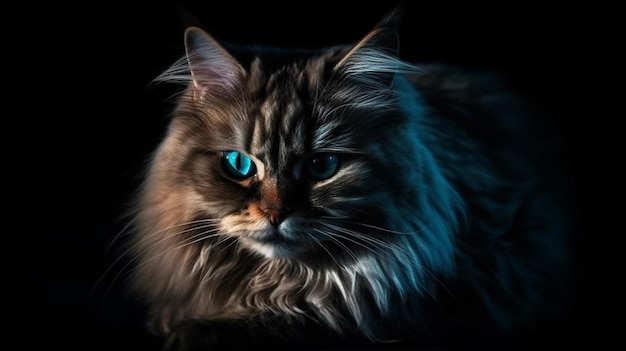 Retrato de gato Maine Coon con ojos azules sobre fondo negro generativo ai