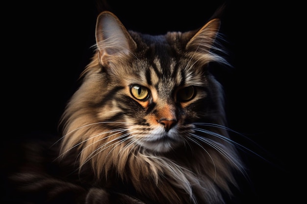 Retrato de un gato Maine Coon sobre un fondo negro