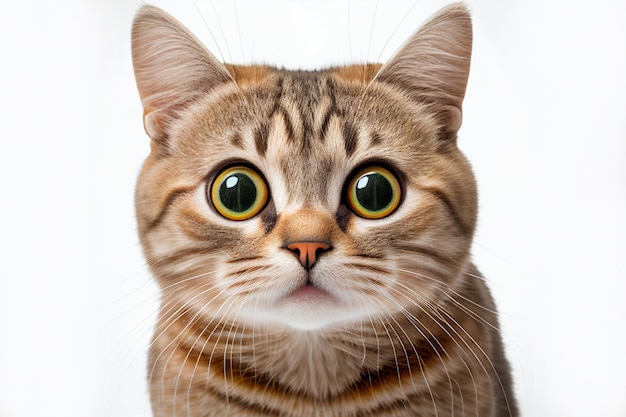 Retrato de un gato marrón de pelo corto británico atigrado plata lindo sorprendido sobre fondo blanco aislado