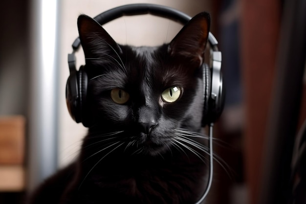 Retrato de gato negro con auriculares