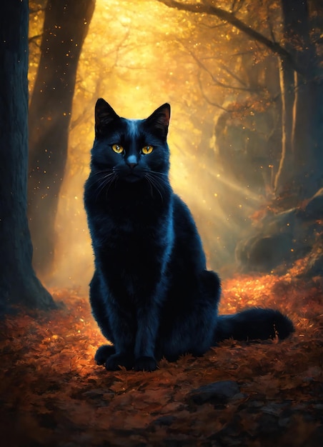 Retrato de un gato negro con ojos amarillos en un fondo oscuro