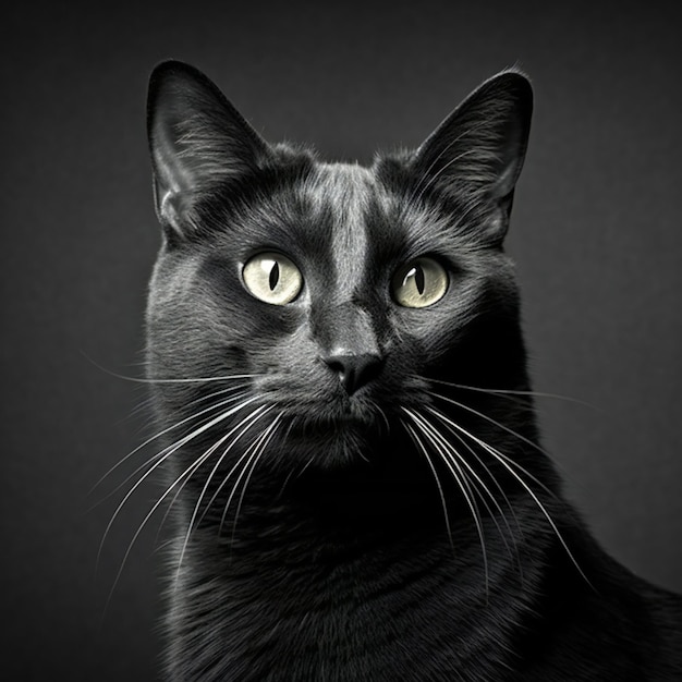 Retrato de un gato negro con ojos amarillos sobre un fondo negro