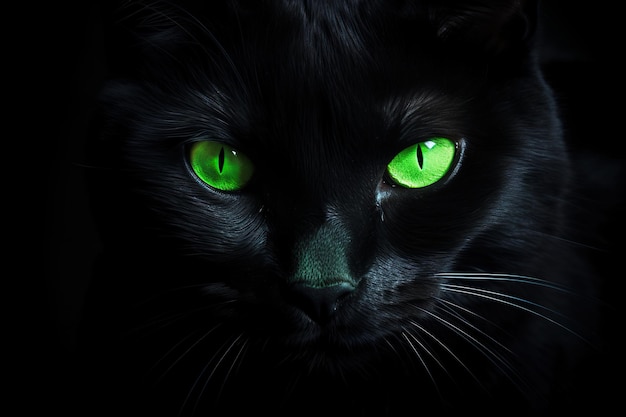 Retrato de un gato negro con ojos verdes sobre fondo negro