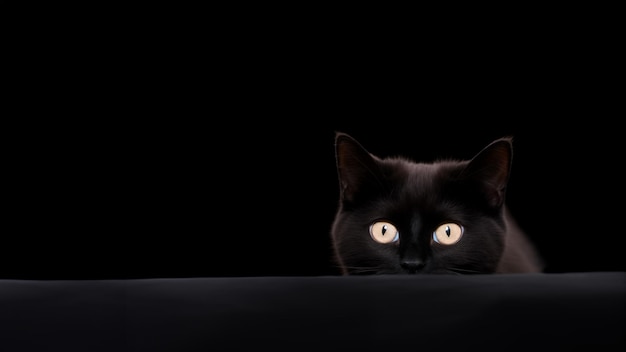 Retrato de un gato negro sobre un fondo negro con espacio para copiar
