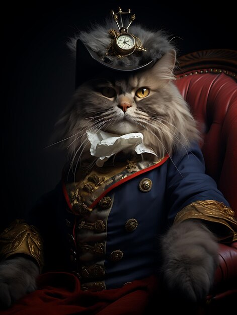 Retrato de un gato noble Chartreux Piraña Aristócrata Vestido de plumas H Diseño de moda Arte de vestuario