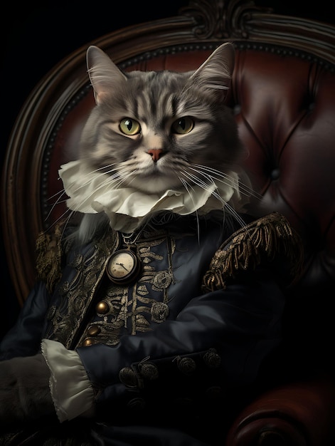 Retrato de un gato noble Chartreux Piraña Aristócrata Vestido de plumas H Diseño de moda Arte de vestuario