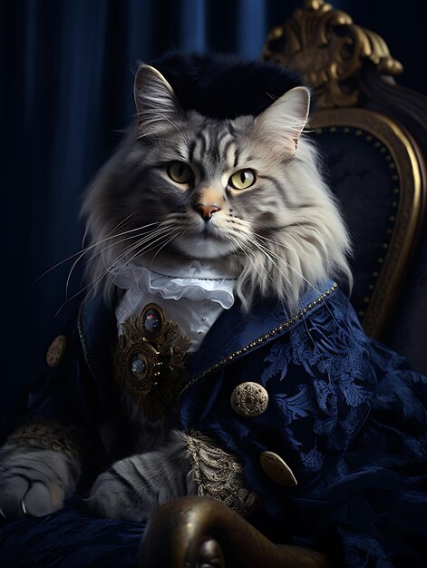 Retrato de un gato noble Chartreux Piraña Aristócrata Vestido de plumas H Diseño de moda Arte de vestuario