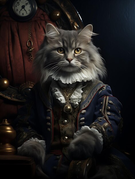 Foto retrato de un gato noble chartreux piraña aristócrata vestido de plumas h diseño de moda arte de vestuario