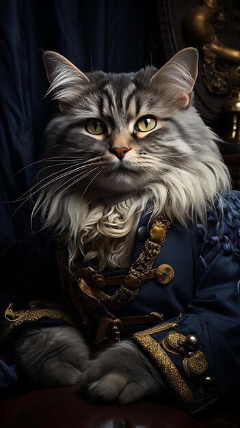 Retrato de un gato noble pirata ruso azul disfraz de aristócrata plumas diseño de moda arte del disfraz