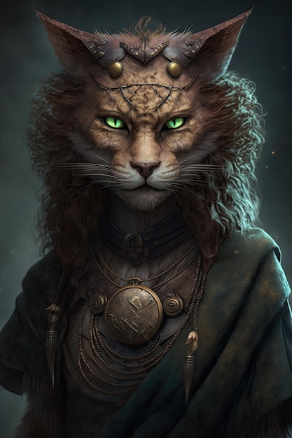 Un retrato de un gato con ojos verdes y una cadena de oro alrededor de su cuello.