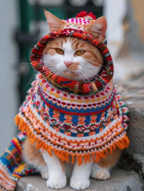 Retrato de gato con pañuelo y chaqueta acogedores Posando con elegancia gato en retrato de animal de estudio