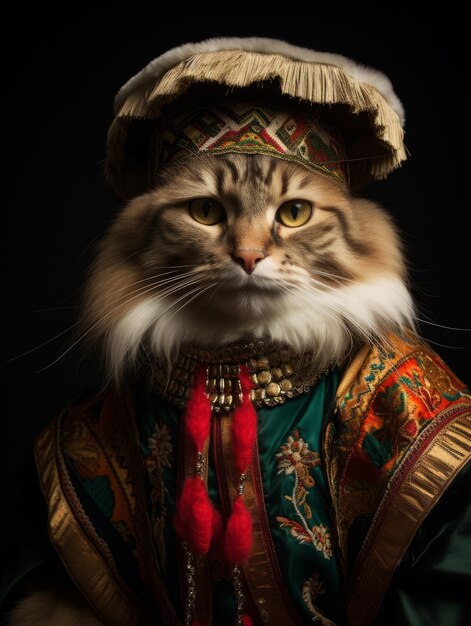 retrato de gato con pañuelo de tela gato con sombrero