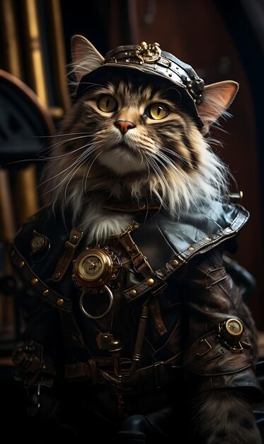 Foto retrato de un gato peculiar escocés plegado piraña vestido steampunk aviador diseño de moda arte de vestuario