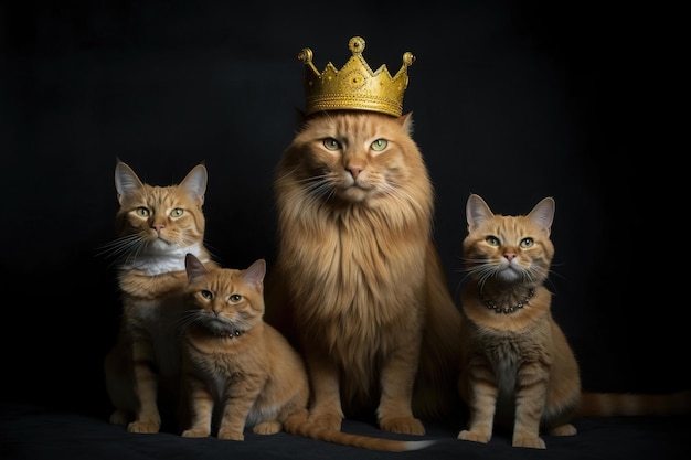 Retrato de un gato de pelo largo amarillo con una corona dorada en la cabeza junto a sus tres gatitos.