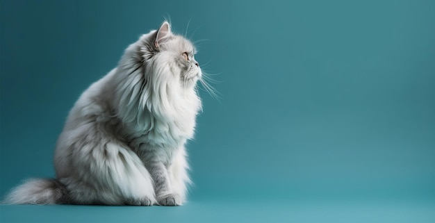 Retrato de gato persa blanco fondo degradado azul brillante con espacio de copia