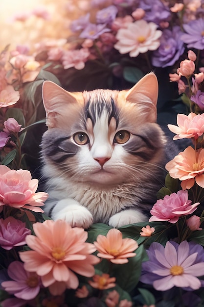 Retrato de gato persa con flores gato lindo en flores de verano